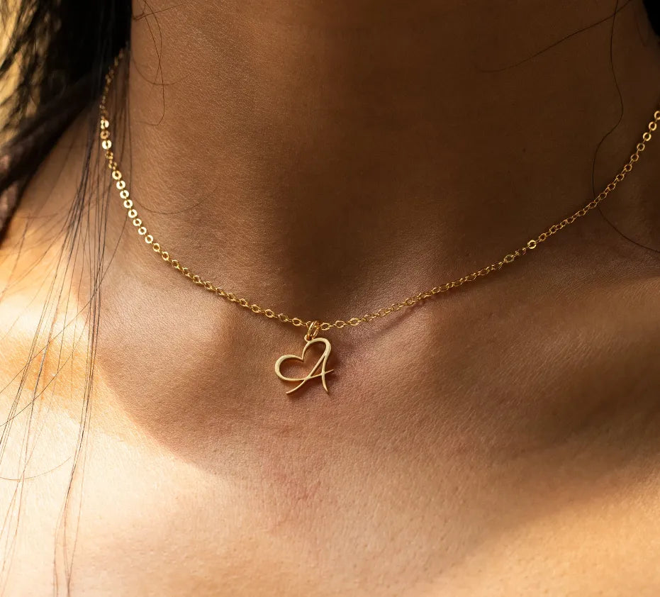 Heart Initial Necklace: Gold Stainless Steel Charm