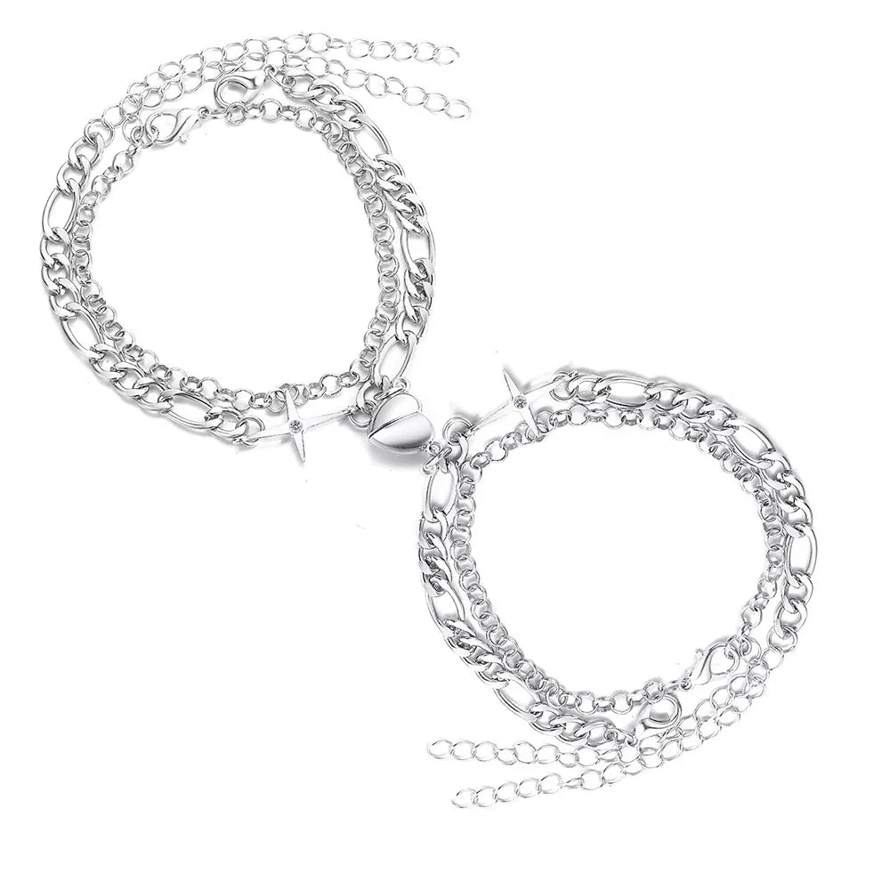 Love Heart Magnet Buckle Couple Bracelets: Silver Fashion