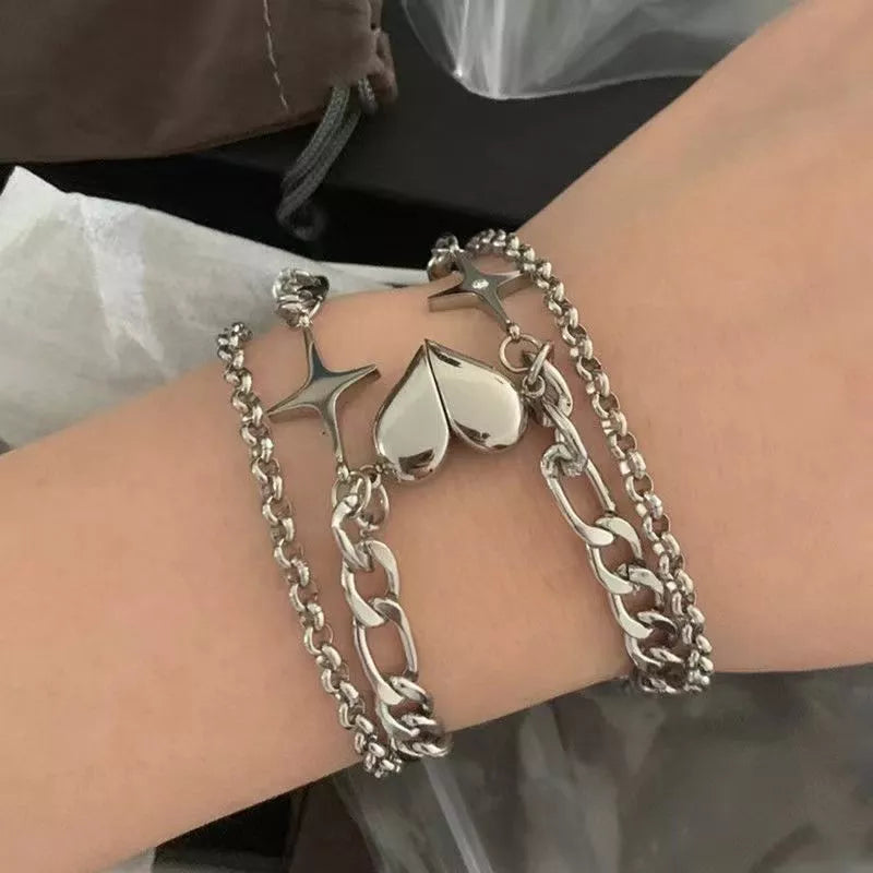 Love Heart Magnet Buckle Couple Bracelets: Silver Fashion