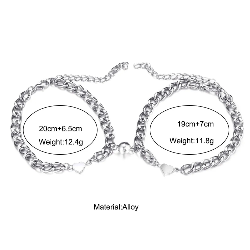 Love Heart Magnet Buckle Couple Bracelets: Silver Fashion