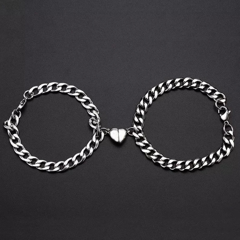 Love Heart Magnet Buckle Couple Bracelets: Silver Fashion