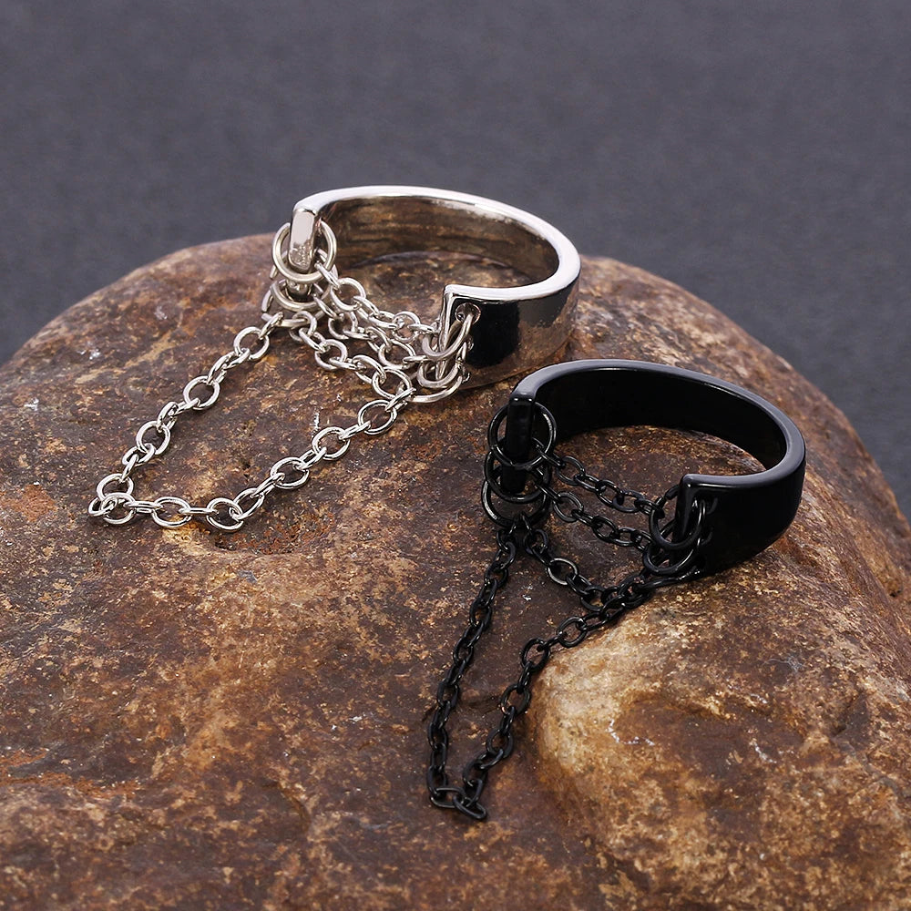 Punk Fashion Black Silver Color Chain Rings Open Adjustable Cool Women Men Ring Jewelry Accessories