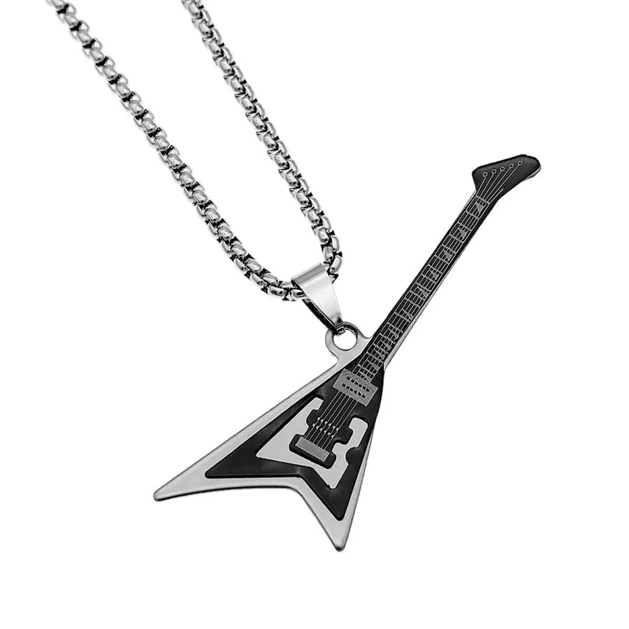 Gothic Titanium Guitar Necklace: Musical 2-Layer Charm