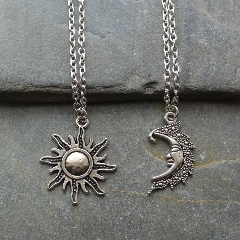 Silver Color Sun And Moon Necklaces Chain Pair Of Celestial