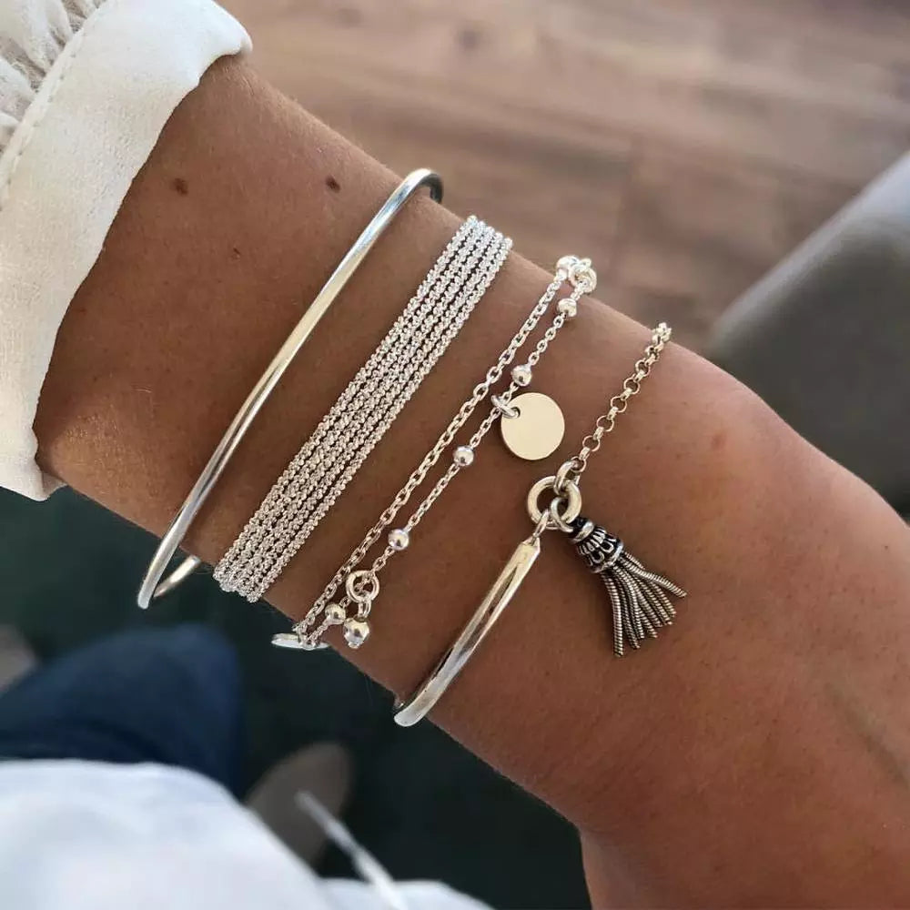 4PCS/Set Boho Geometric Tassel Bracelet: Multilayer Charm