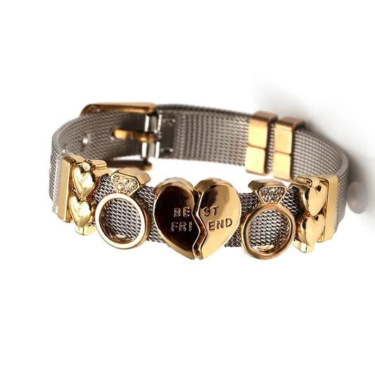 Two-tone Mesh Bracelets: Golden Love Heart, Beaded Elegance