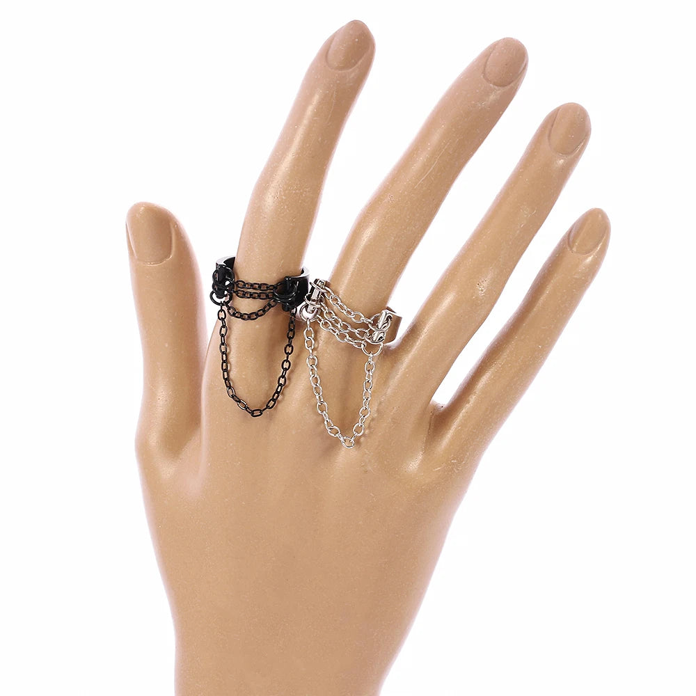 Punk Fashion Black Silver Color Chain Rings Open Adjustable Cool Women Men Ring Jewelry Accessories