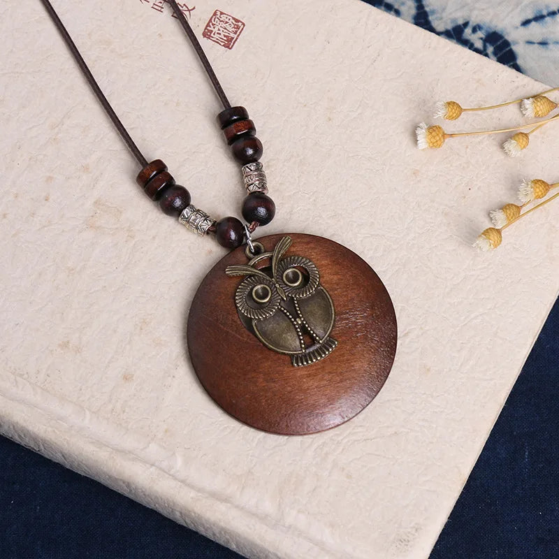 Wooden Owl Pendant: Ethnic Long Sweater Chain