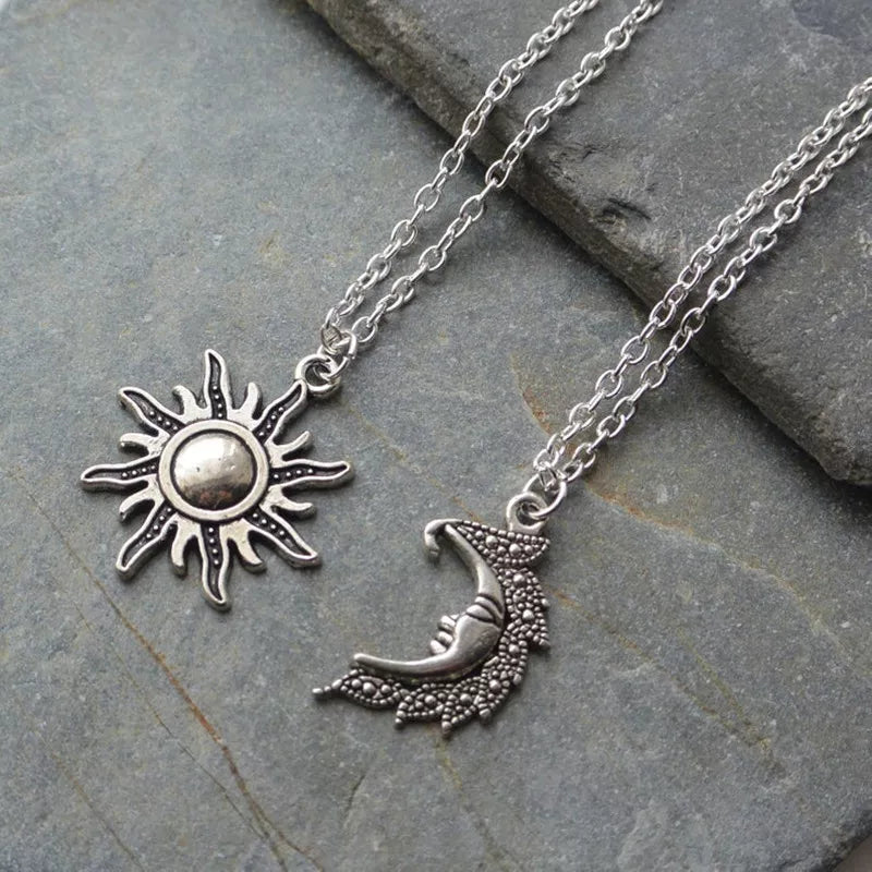 Silver Color Sun And Moon Necklaces Chain Pair Of Celestial