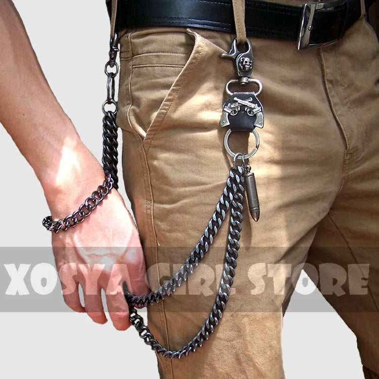 Hip hop punk horns skull metal casual wild pants chain