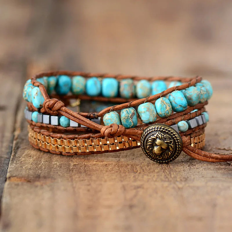 High End Leather Wrap Bracelets W/ Stones Vintage Weaving Statement Art Chain Bracelet