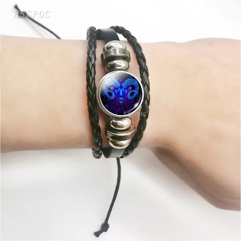 12 Zodiac Signs Constellation Charm Alloy Glass leather Bracelet