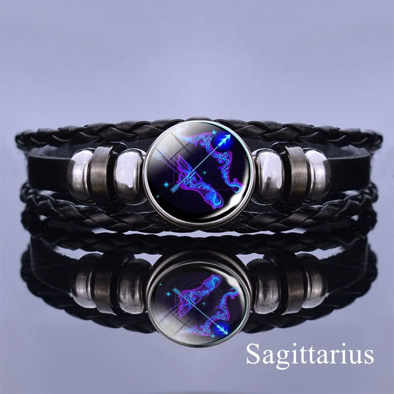 12 Zodiac Signs Constellation Charm Alloy Glass leather Bracelet