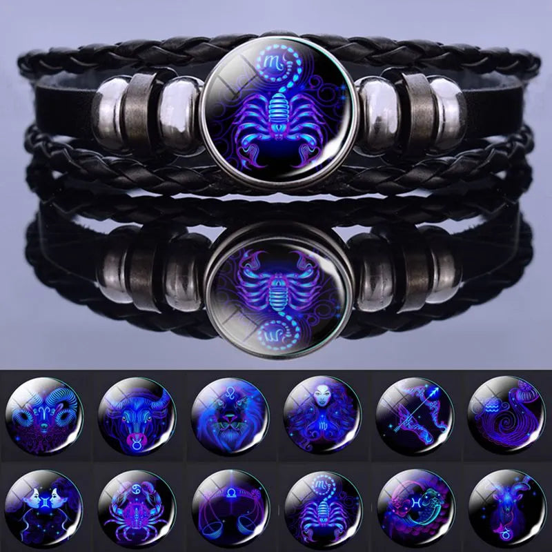 12 Zodiac Signs Constellation Charm Alloy Glass leather Bracelet