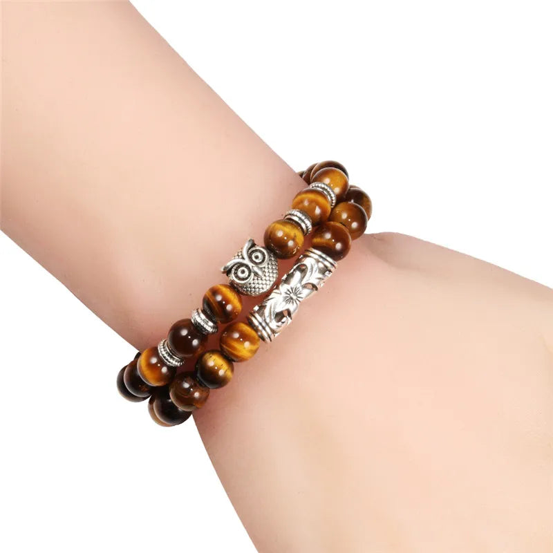 Lava Tiger Eye Stone Bracelet: Classic Owl Charm