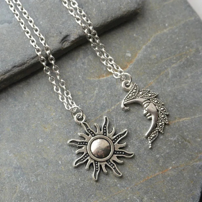 Silver Color Sun And Moon Necklaces Chain Pair Of Celestial