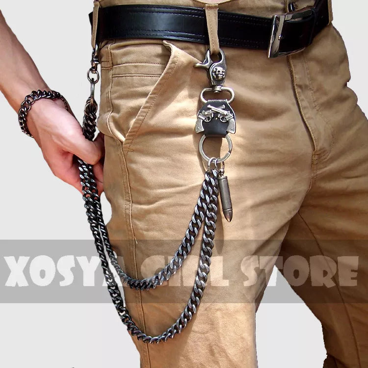 Hip hop punk horns skull metal casual wild pants chain