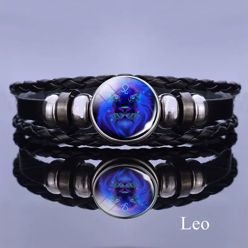 12 Zodiac Signs Constellation Charm Alloy Glass leather Bracelet