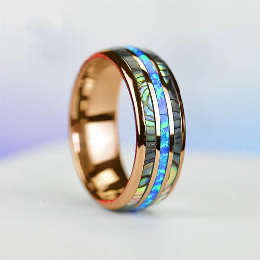 Rose Gold Tungsten Wedding Ring: Stylish Blue Opal Inlay