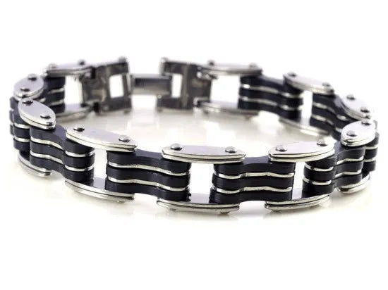 Steel Link Wristband Biker Style Stylish Motorcycle Accent  Black Silicone Edge