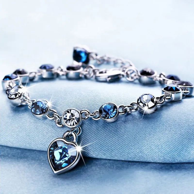 Silver Lucky Bracelet: Blue Crystal Heart Charm