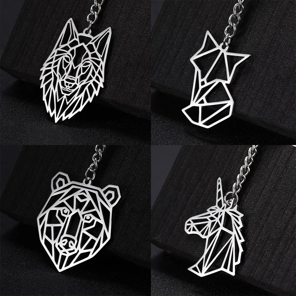 Creative and design Wolf Keychain Fox Tiger Bear Animal Pendant Unicorn Rabbit Stainless Steel Keyring