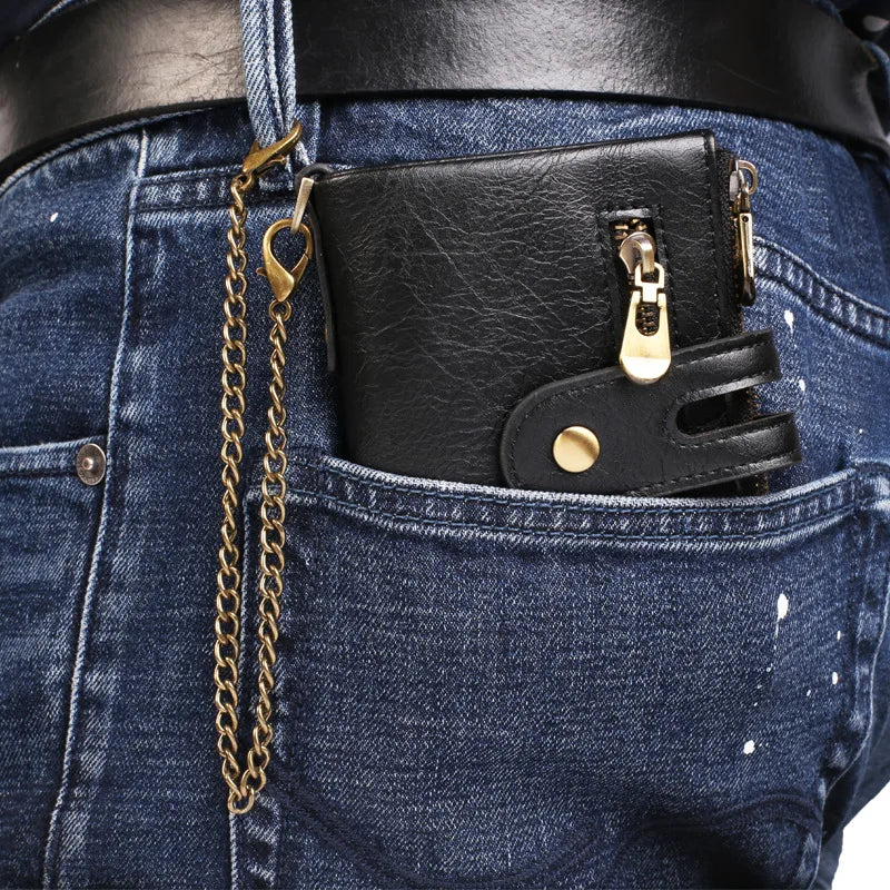 Men Wallets PU Leather Short Card Holder Chain