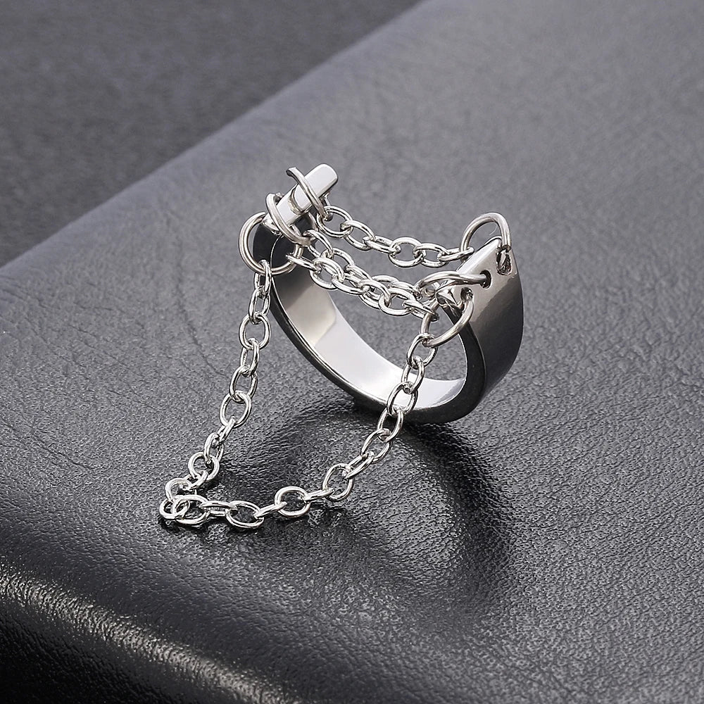 Punk Fashion Black Silver Color Chain Rings Open Adjustable Cool Women Men Ring Jewelry Accessories