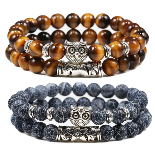 Lava Tiger Eye Stone Bracelet: Classic Owl Charm