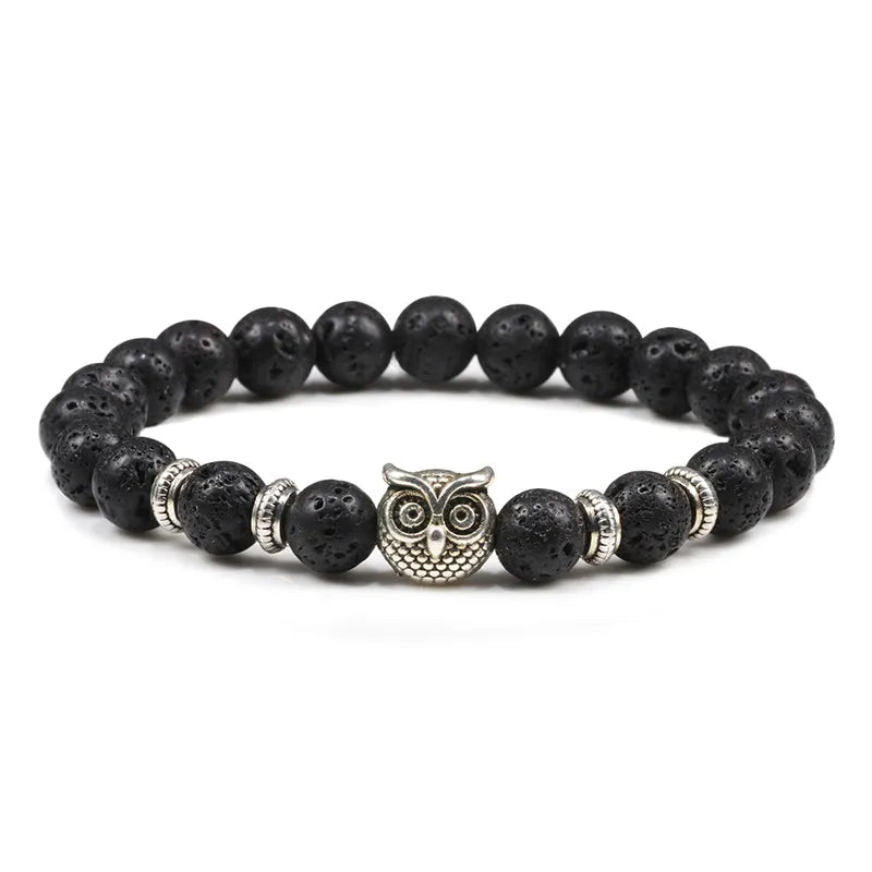 Lava Tiger Eye Stone Bracelet: Classic Owl Charm