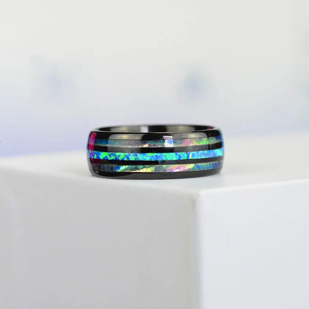 Rose Gold Tungsten Wedding Ring: Stylish Blue Opal Inlay