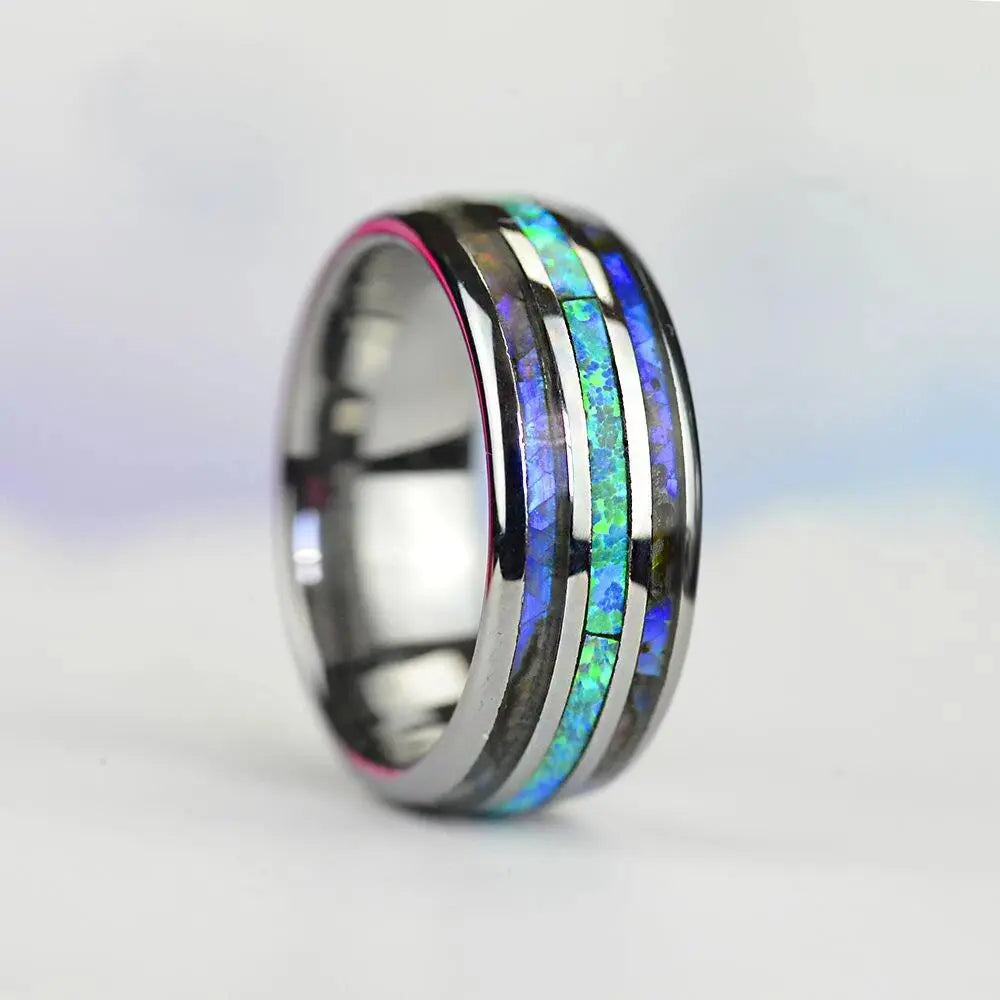 Rose Gold Tungsten Wedding Ring: Stylish Blue Opal Inlay