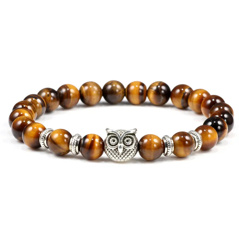 Lava Tiger Eye Stone Bracelet: Classic Owl Charm