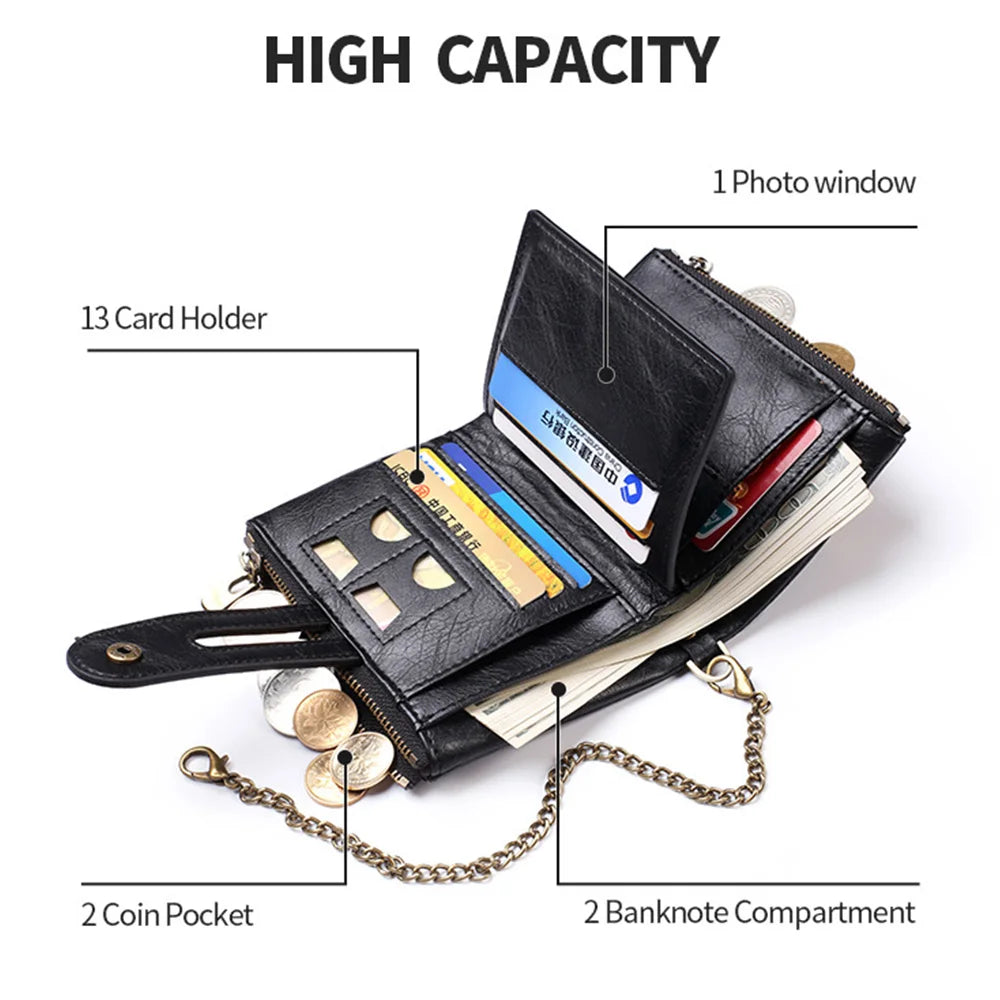 Men Wallets PU Leather Short Card Holder Chain