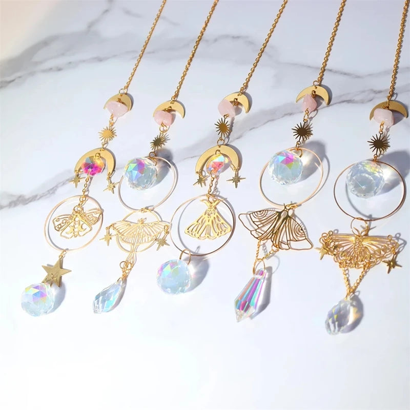 Crystals Wind Chime Suncatcher Golden Butterfly Pendant Rainbow Prism Stained Glass Ornament