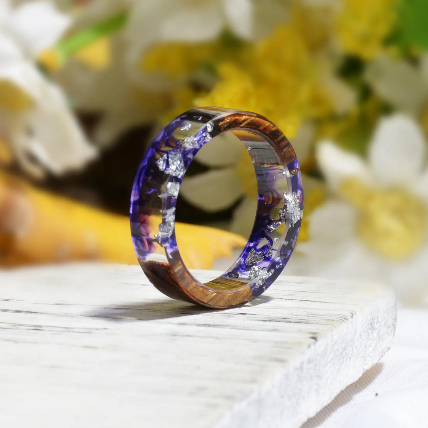 Wood Resin Ring Diy Handmade Dried Flowers Ring For Women Men Fashion Jewelry