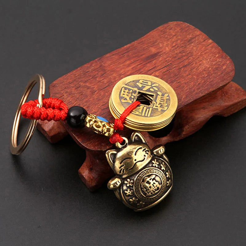 Handmade Brass Feng Shui Coins Keychain Lucky Cat