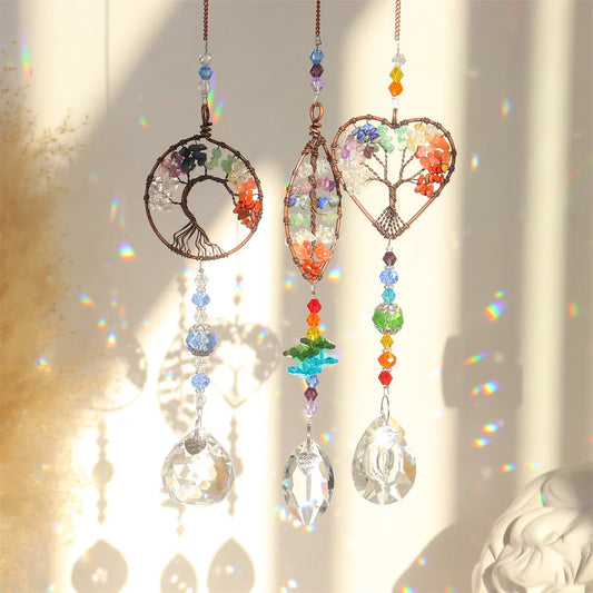 Colorful Tree Of Life Crystal Chakra Sun Catcher Hanging Prism Sun Catcher For Car Home Decor