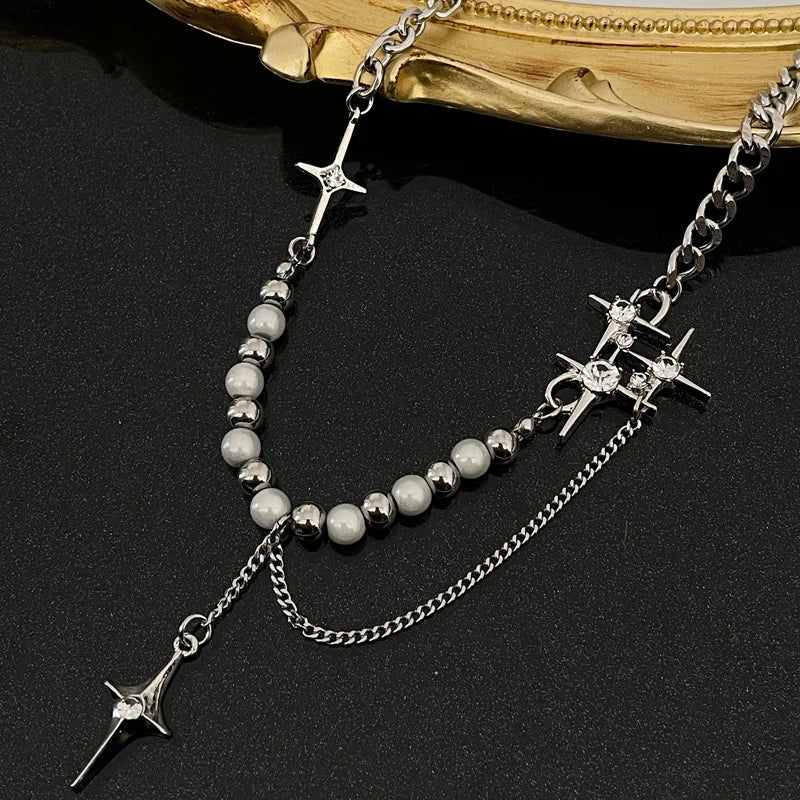 Cross Star Beaded Necklace Men Unisex Hiphop Imitation Pearl Star Pendant Necklaces