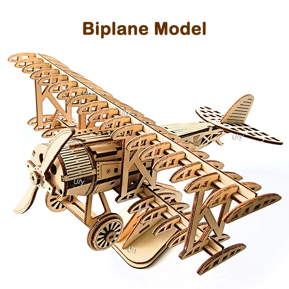 3D Wooden Puzzle Movable Retro Biplane Crane Bulldozer Handmade Assembly Truck Model