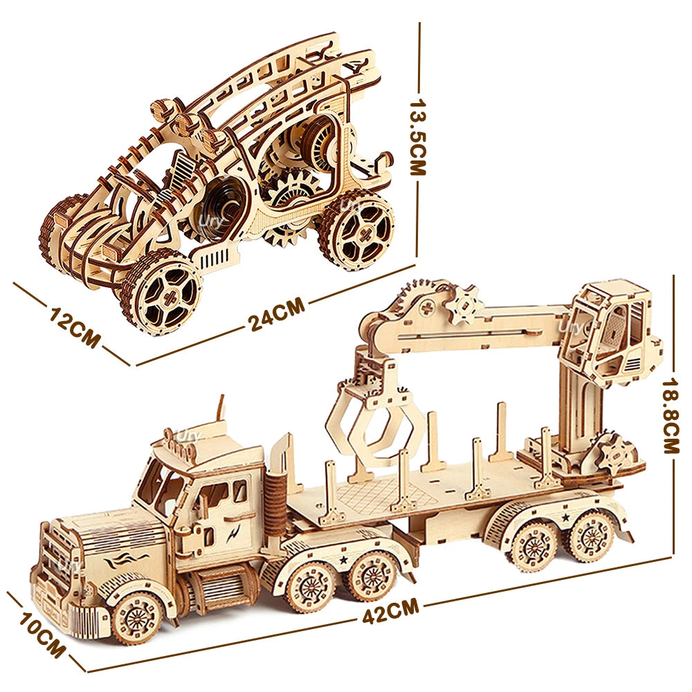 3D Wooden Puzzle Movable Retro Biplane Crane Bulldozer Handmade Assembly Truck Model