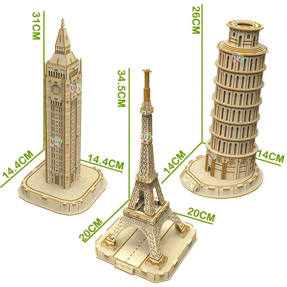 3D Wooden Puzzle : Eiffel Tower Leaning of Pisa Empire State Building World Architecture Model