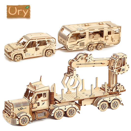 3D Wooden Puzzle Movable Retro Biplane Crane Bulldozer Handmade Assembly Truck Model