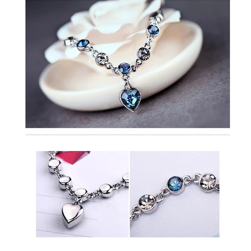 Silver Lucky Bracelet: Blue Crystal Heart Charm