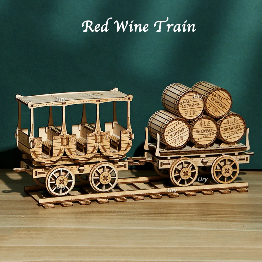 3D Wooden Puzzle : Movable Retro Steam Train Double-decker Bus Handmade Assembly Truck Model