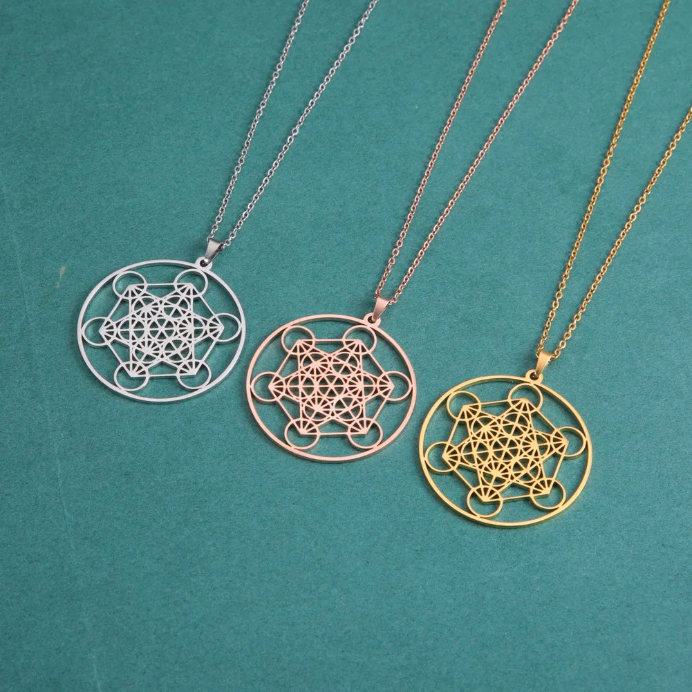 "Metatron Cube Necklace: Sacred Spiritual Stainless Steel."