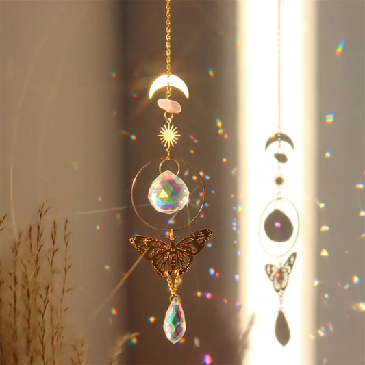 Crystals Wind Chime Suncatcher Golden Butterfly Pendant Rainbow Prism Stained Glass Ornament