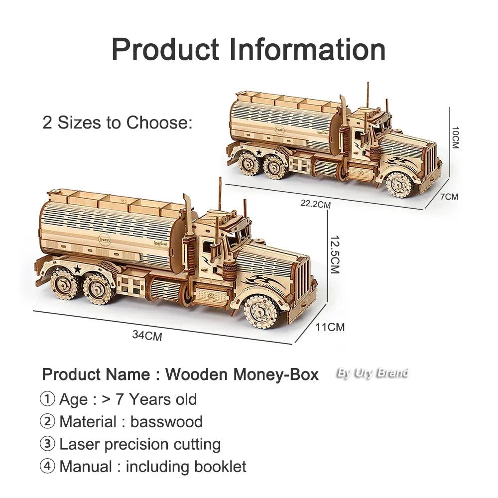 DIY 3D Wooden Puzzle: Money Box Piggy Bank Fuel Truck.