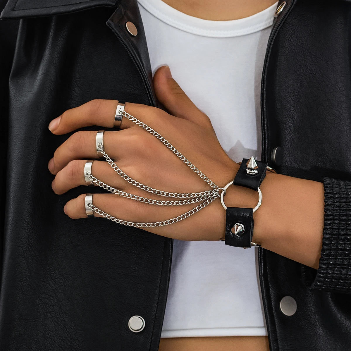 Gothic Rivet Black PU Leather Link Chain Bracelet With Finger Ring