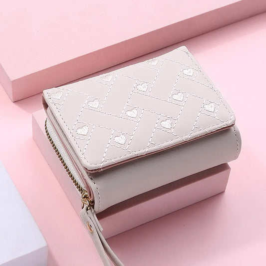 Women's Wallet Tri Fold Card Bag PU Multi Objects Pocket Short Fashion Embroidered Love Pattern Korean Minimalist